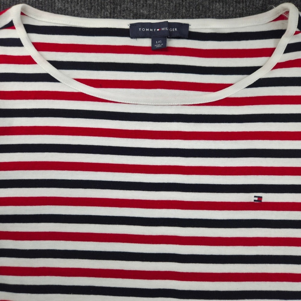 Tommy‎ Hilfiger Women Large Red White Blue Striped Cotton Short Sleeve Tee Shirt